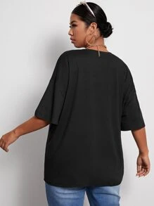 Flirla Áo thun Plus size Con số Giải trí - màu đen - Xem 2