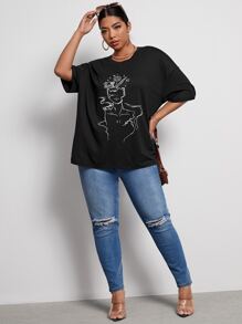 Flirla Áo thun Plus size Con số Giải trí - màu đen - Xem 3