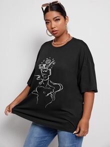 Flirla Áo thun Plus size Con số Giải trí - màu đen - Xem 4