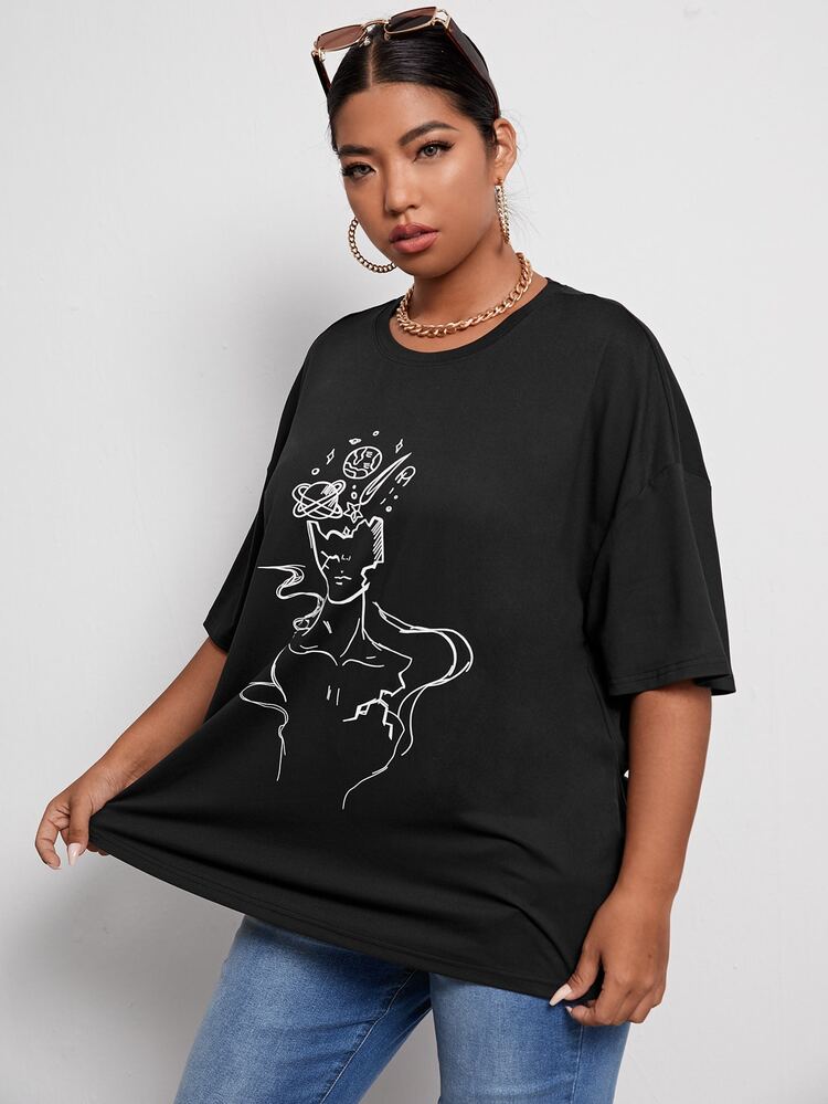 Flirla Áo thun Plus size Con số Giải trí - màu đen - Xem 4