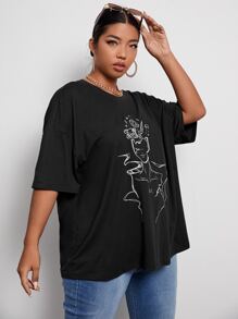 Flirla Áo thun Plus size Con số Giải trí - màu đen - Xem 5