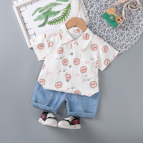 

Toddler Boys Cartoon Graphic Shirt With Denim Shorts, Blue and white