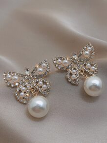 人造珍珠和水鑽蝴蝶裝飾耳墜 - 金黃色 - 查看 1