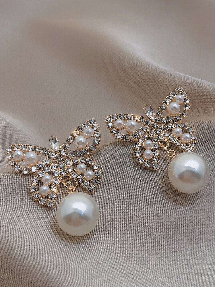 Bông tai thả trang trí bằng ngọc trai giả ngọc trai và rhinestone - Vàng - Xem 1