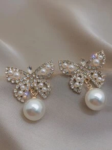 人造珍珠和水鑽蝴蝶裝飾耳墜 - 金黃色 - 查看 2