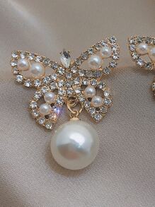 人造珍珠和水鑽蝴蝶裝飾耳墜 - 金黃色 - 查看 3