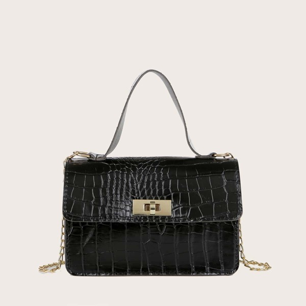 

Twist Lock Croc Embossed Satchel Bag, Black