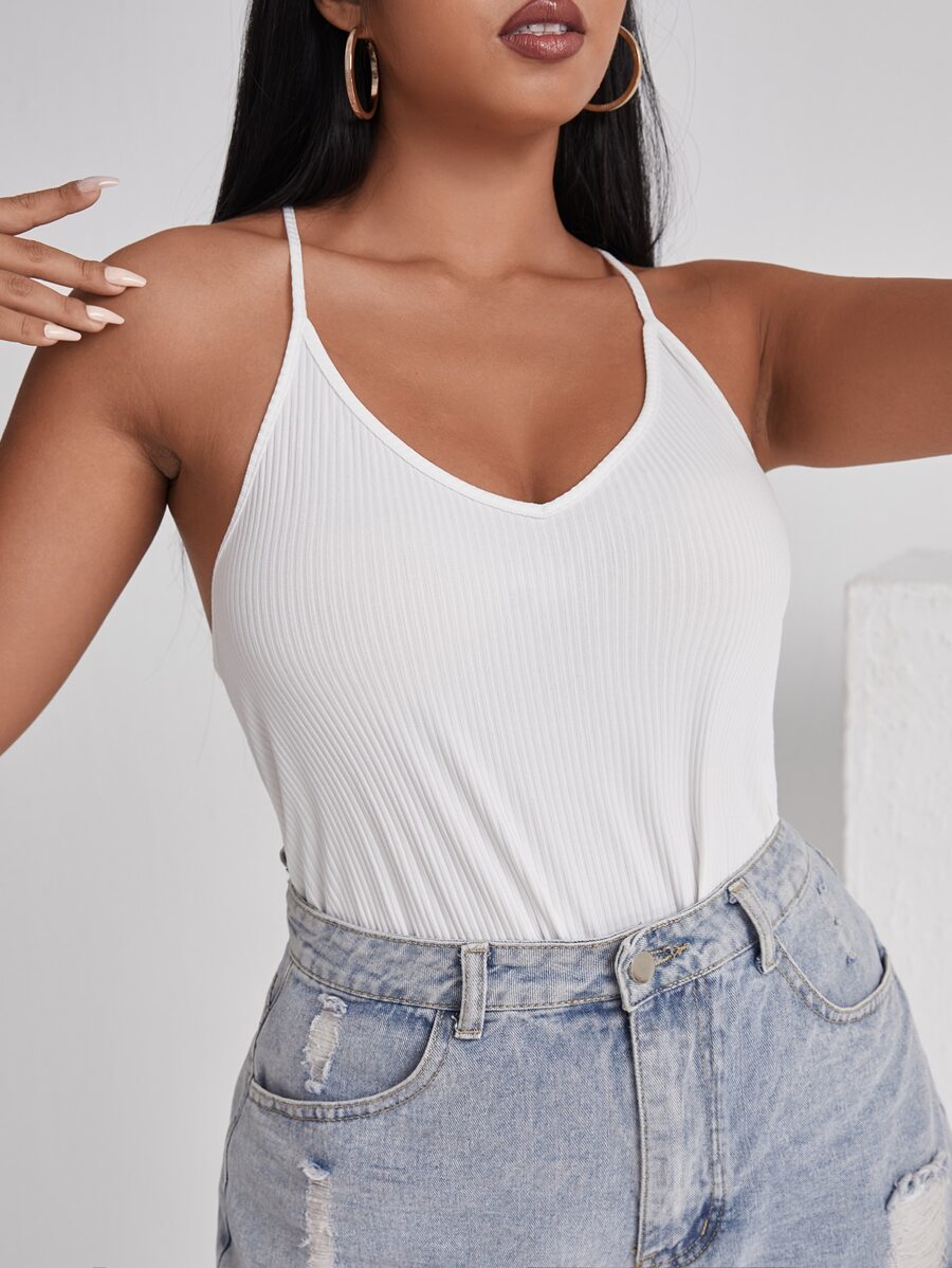 Top de tirantes de talla grande Canalé Liso Casual - Blanco - Ver 1