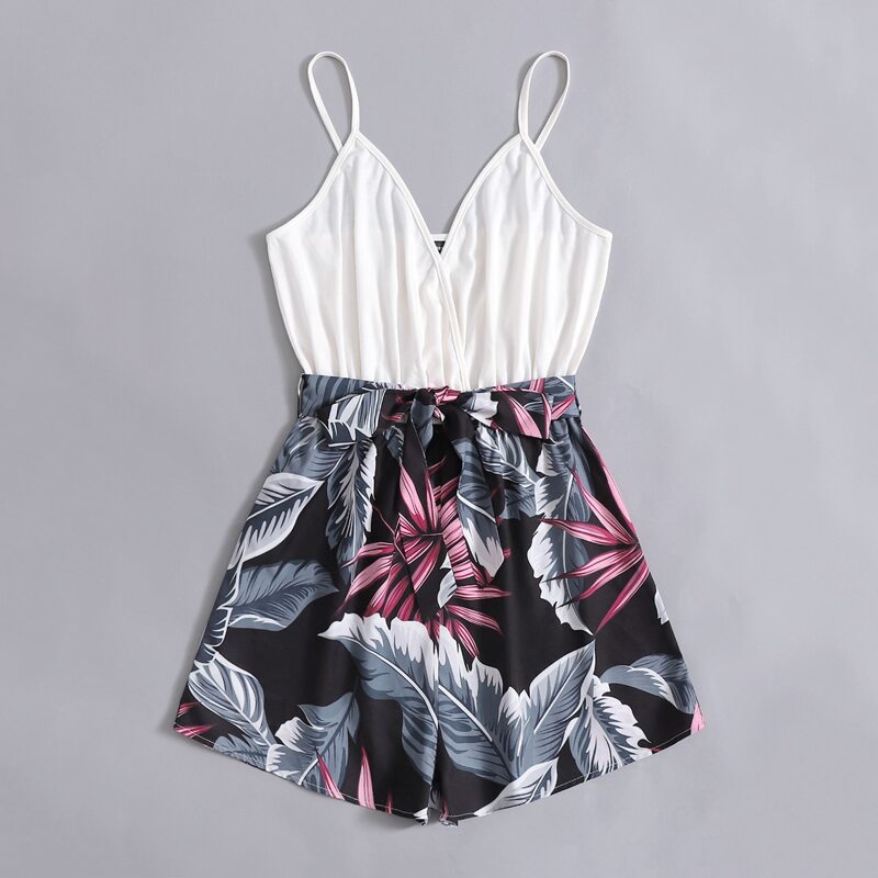 

Leaf Print Belted Cami Romper, Multicolor