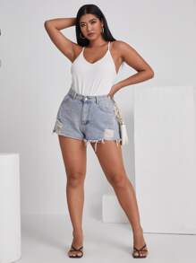 Top de tirantes de talla grande Canalé Liso Casual - Blanco - Ver 4