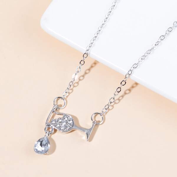 

Rhinestone Decor Wine Glass Charm Necklace, Silver
