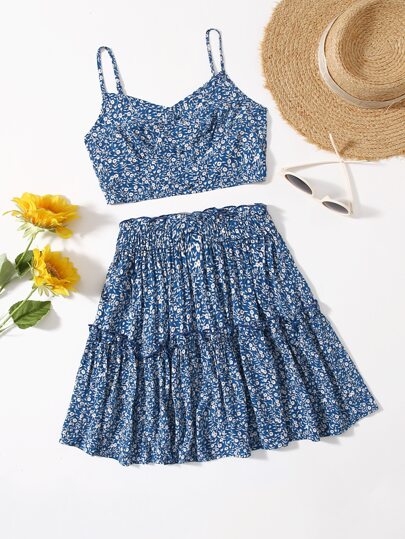 للفتيات المراهقات زهر ديزي صدرية كامي و بتفاصيل كشكش طقم تنورة