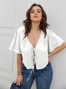 SHEIN LUNE Plus Size Women Tops Simpul Plain Casual - Putih - View 1