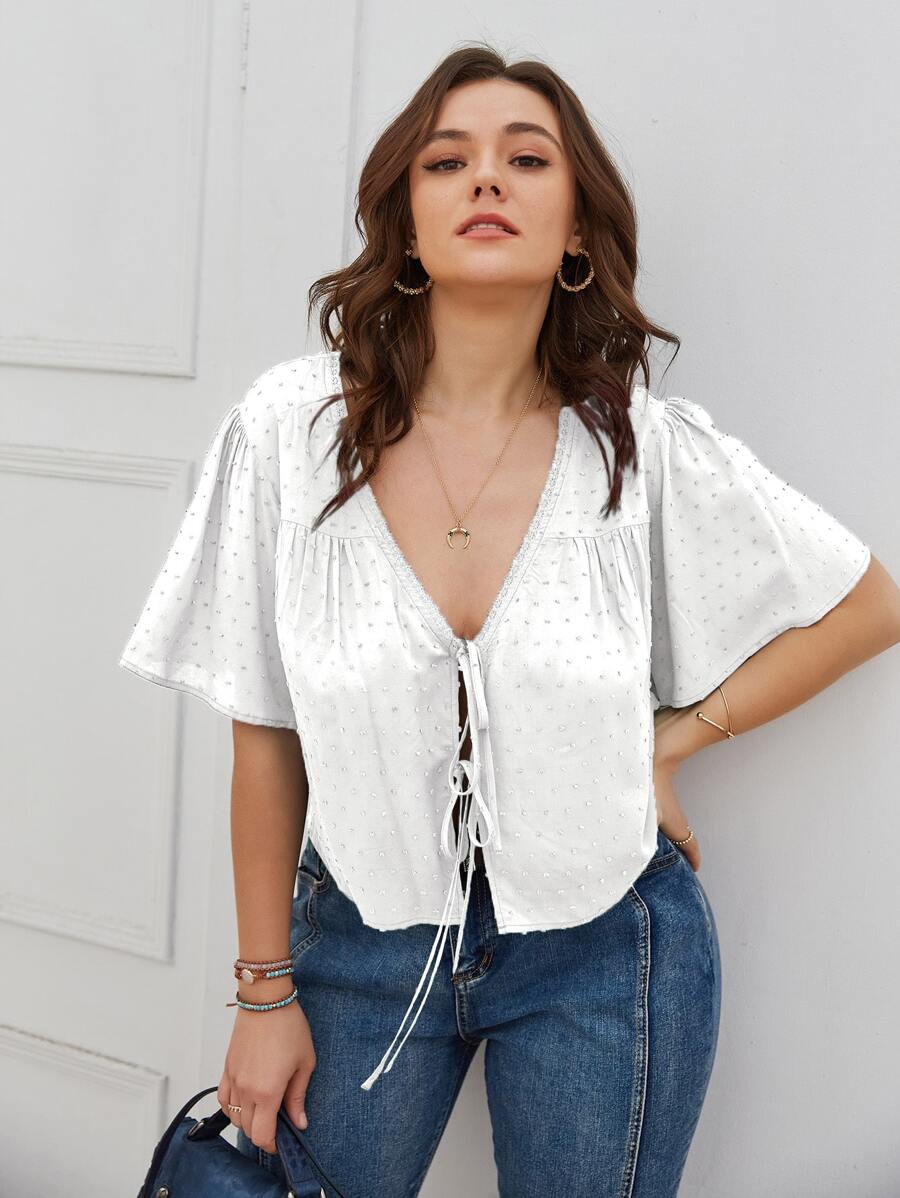 SHEIN LUNE Plus Size Women Tops Simpul Plain Casual - Putih - View 1