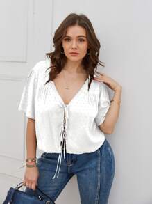 SHEIN LUNE Plus Size Women Tops Simpul Plain Casual - Putih - View 5