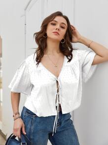SHEIN LUNE Plus Size Women Tops Simpul Plain Casual - Putih - View 6