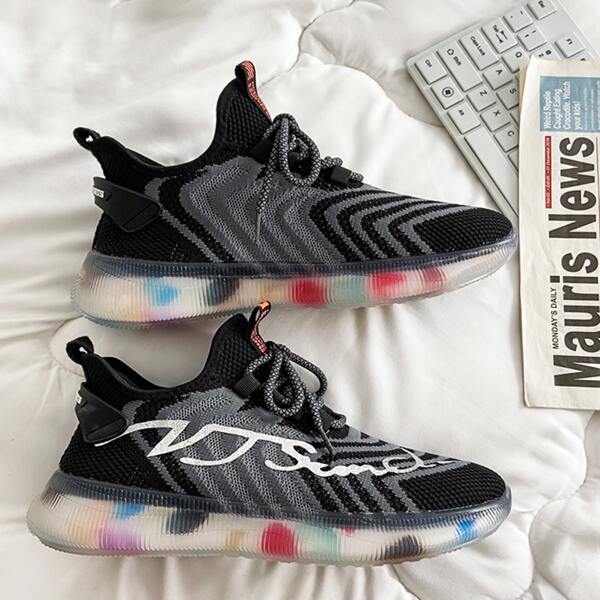 

Men Lace Up Decor Running Shoes, Black
