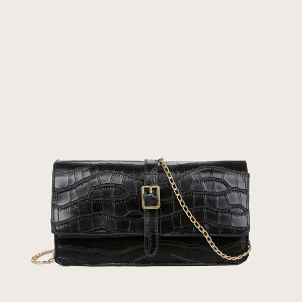 

Croc Embossed Buckle Decor Chain Crossbody Bag, Black