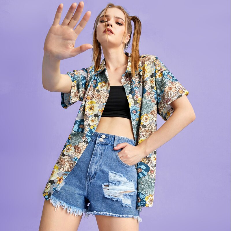 

Floral Print Button Front Blouse, Multicolor