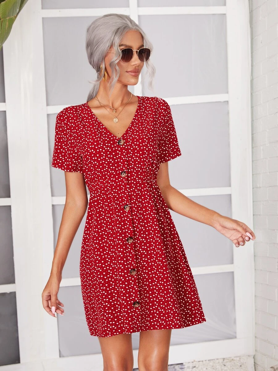 SHEIN Allover Heart Print Dress - Burgundy - View 1