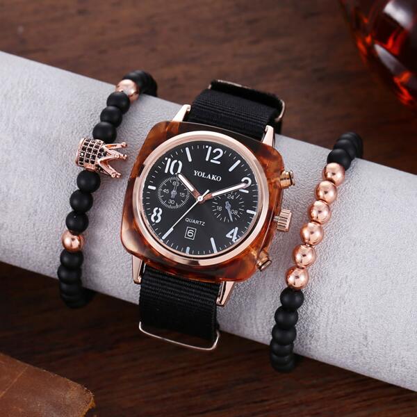 

1pc Men Canvas Strap Quartz Watch & 2pcs Bracelet