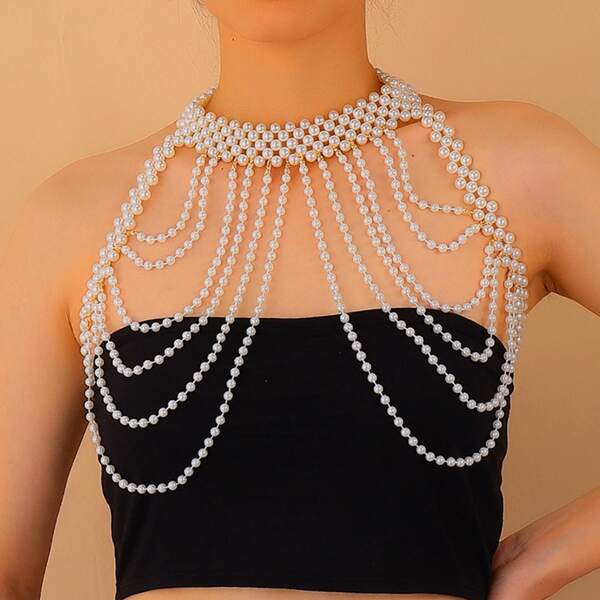 

Faux Pearl Beaded Body Chain, White