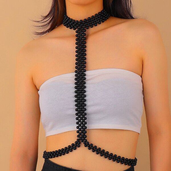 

Faux Pearl Beaded Body Chain, Black