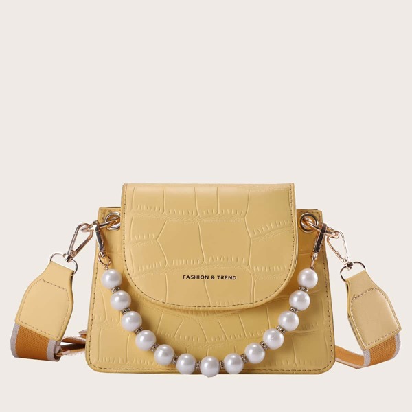 

Faux Pearl Decor Croc Embossed Satchel Bag, Yellow