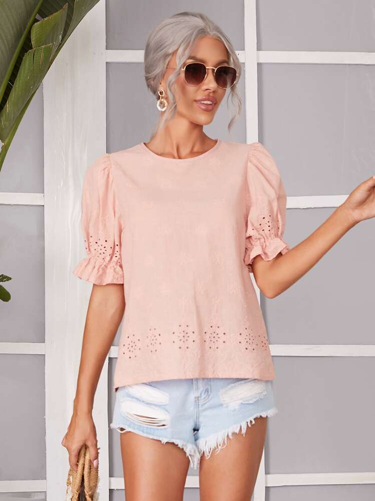 SHEIN Ruffle Cuff Schiffy Top - Baby Pink - View 1