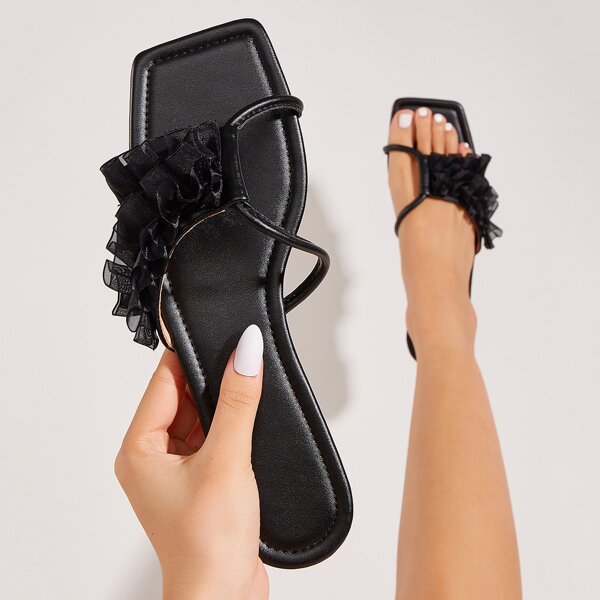 

Frill Decor Slide Sandals, Black