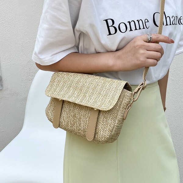 

Straw Design Crossbody Bag, Khaki