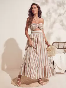 SHEIN X Tarsha Whitmore SHEIN VCAY Cutout Detail Striped Ruffle Hem Halter Dress