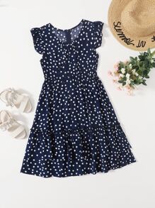 Girls Polka Dot Layered Dress - Navy Blue - View 1