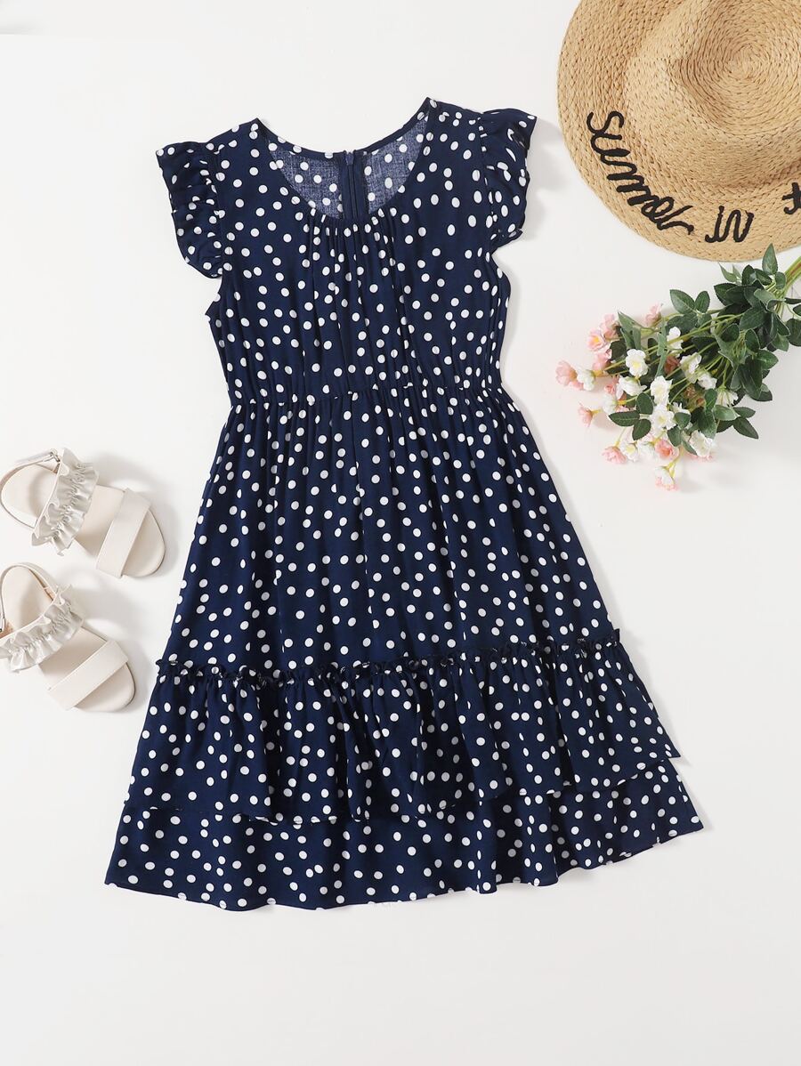 Girls Polka Dot Layered Dress - Navy Blue - View 1