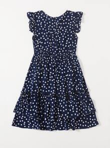 Girls Polka Dot Layered Dress - Navy Blue - View 2