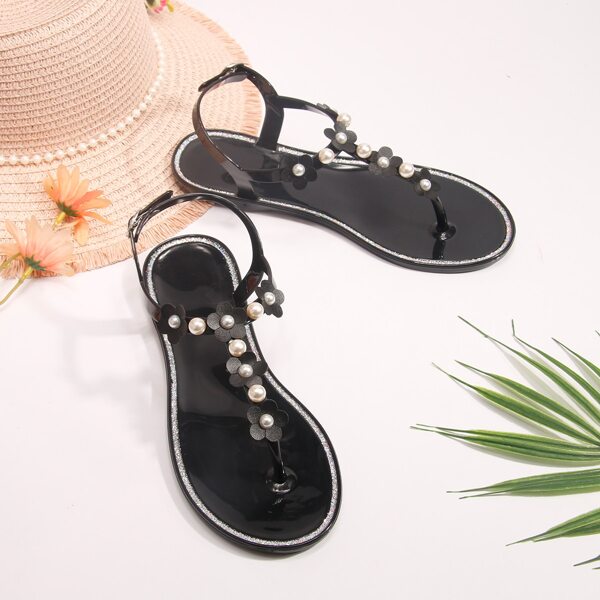 

Faux Pearl Decor Flat Thong Sandals, Black