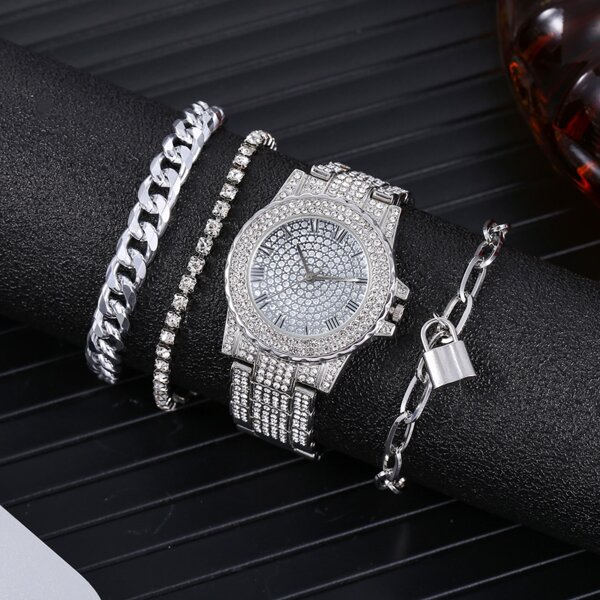 

1pc Rhinestone Decor Quartz Watch & 3pcs Bracelet