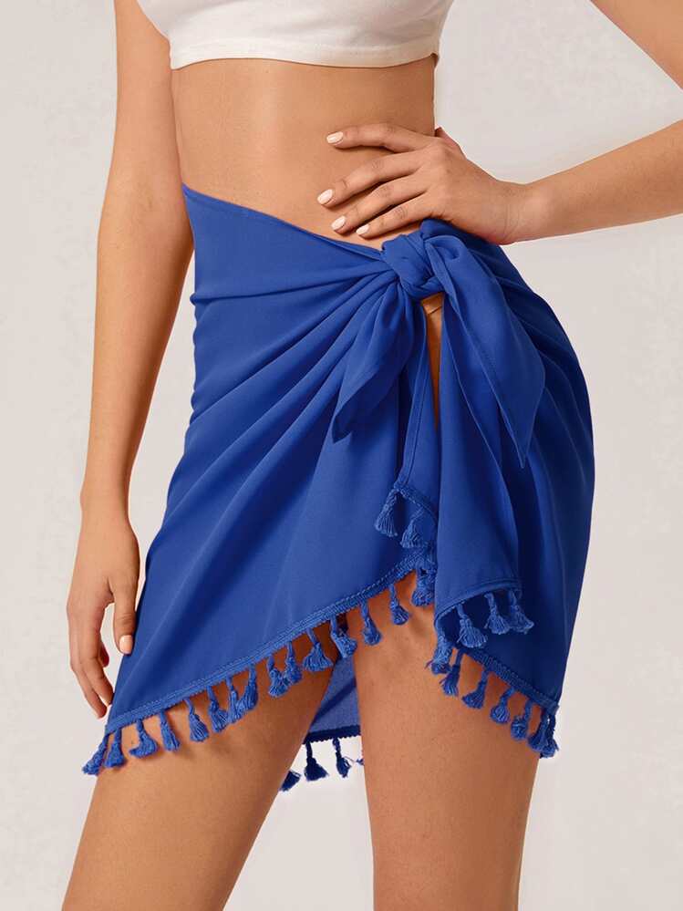 SHEIN Tassel Hem Wrap Knot Cover Up Skirt, For Summer Beach Vacation - Blue - View 1