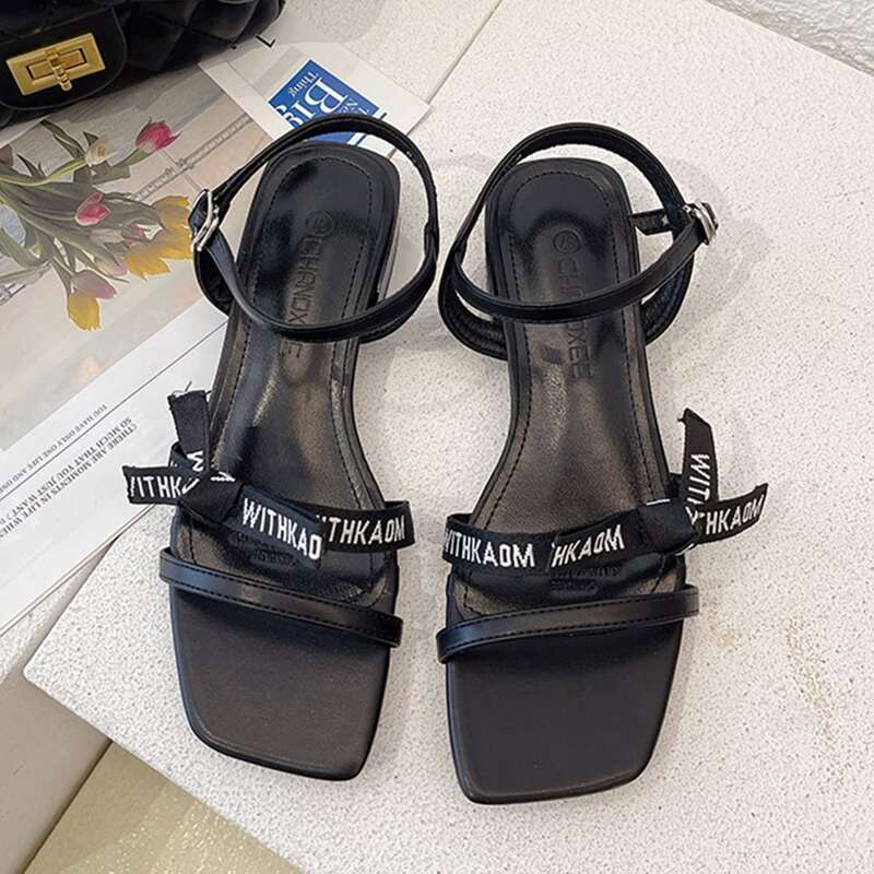 

Letter Graphic Open Toe Sandals, Black