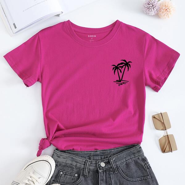 

Tropical Print Short Sleeve Tee, Red violet