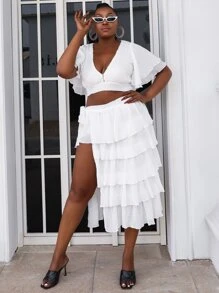 seomiscky Plus Flounce Sleeve Top & Layered Hem Skirt Set - White - View 1
