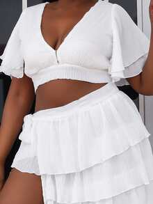 seomiscky Plus Flounce Sleeve Top & Layered Hem Skirt Set - White - View 3