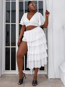 seomiscky Plus Flounce Sleeve Top & Layered Hem Skirt Set - White - View 4
