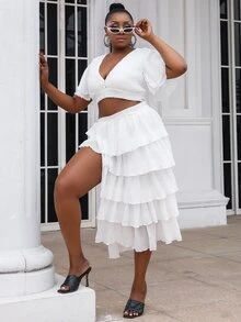 seomiscky Plus Flounce Sleeve Top & Layered Hem Skirt Set - White - View 6