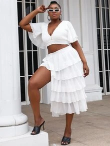 seomiscky Plus Flounce Sleeve Top & Layered Hem Skirt Set - White - View 7