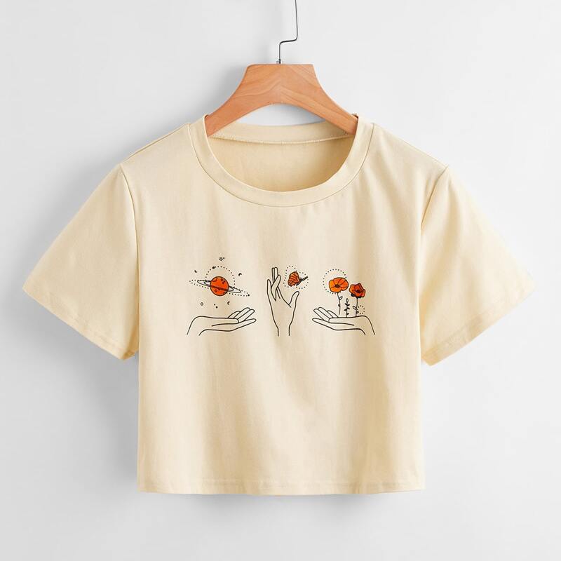 

Hand & Butterfly Graphic Crop Tee, Beige
