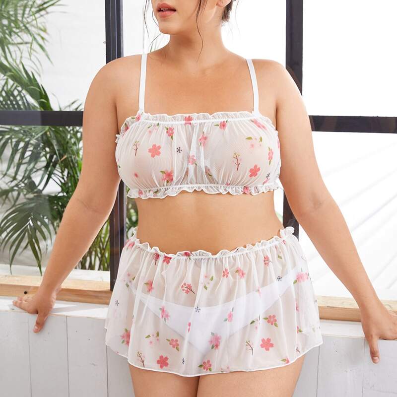 

3pack Plus Floral Print Mesh Lingerie Set With Skirt, White