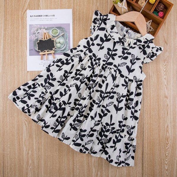 

Toddler Girls Plants Print Ruffle Babydoll Dress, Black and white