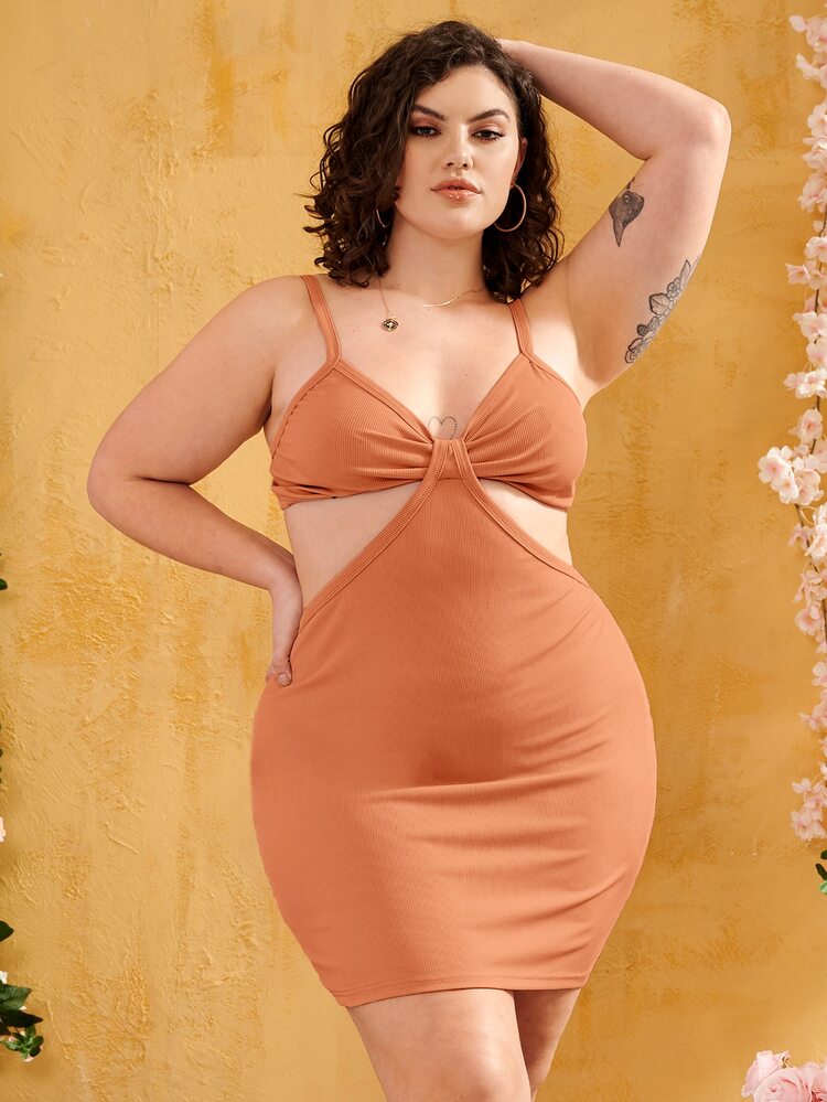 Plus Cut Out Bodycon Cami Dress - Brown - View 3