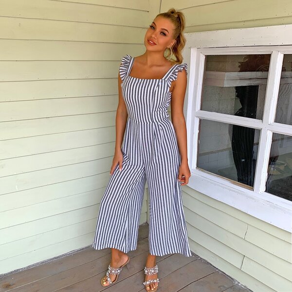 

Striped Print Tied Backless Wide Leg Jumpsuit, Multicolor